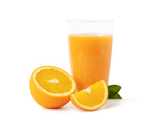 Glass of fresh orange juice with fruits cut in half and sliced with green leaf isolated on white background with clipping path