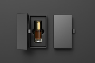 Blank oud bottle with hard paper box for branding. 3d render illustration.