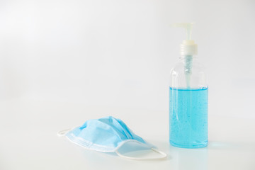 Equipment prevention coronavirus, face mask, and hand sanitizer gel which contains more than 70 percent alcohol for covid-19 disinfection hygiene hands that clean, free from germs to prevent spreading