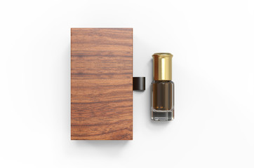 Blank oud bottle with hard paper box for branding. 3d render illustration.