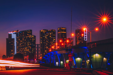night city circulation lights lighting buildings downtown street auto urban highway bridge miami highway dusk red acceleration town usa © Alberto GV PHOTOGRAP