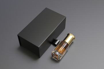 Blank oud bottle with hard paper box for branding. 3d render illustration.