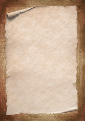 Old vintage beige paper with corner roll up on grungy brown textured background