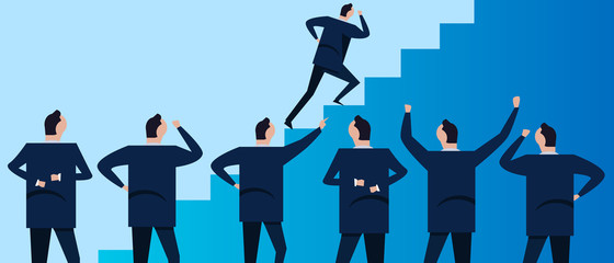 Step staircase to success. Group of businessman coworker employee in company corporation standing looking. Concept of team working together