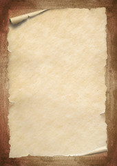 Old vintage beige paper with corner roll up on grungy brown textured background