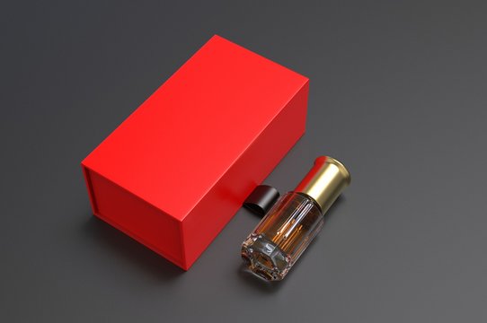 Blank oud bottle with hard paper box for branding. 3d render illustration.