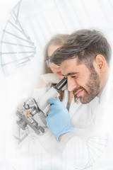 Naklejka na ściany i meble biological research scientist using microscope in laboratory on white background with overlay of DNA strain