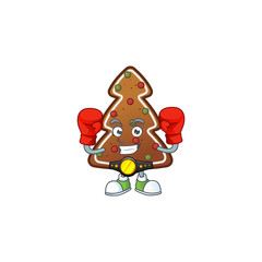A sporty gingerbread tree boxing athlete cartoon mascot design style
