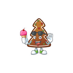 Cute gingerbread tree cartoon character enjoying an ice cream