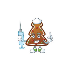 Friendly Nurse gingerbread tree mascot design style using syringe