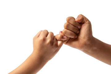 Hand of two young boy making a pinky promise isolated on white background. Promises to do business together. - obrazy, fototapety, plakaty