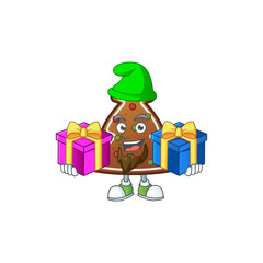 A smiling gingerbread tree cartoon design having Christmas gifts