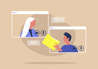 Video call conference, working from home, social distancing, business discussion, colleagues sharing materials