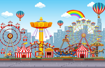 Themepark scene with many rides in the city