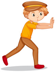 Boy pushing wall on white background