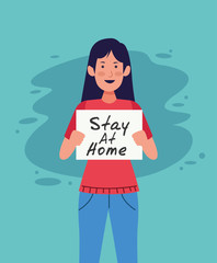 woman with stay at home covid19 banner