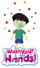 Poster design for coronavirus theme with boy wearing mask