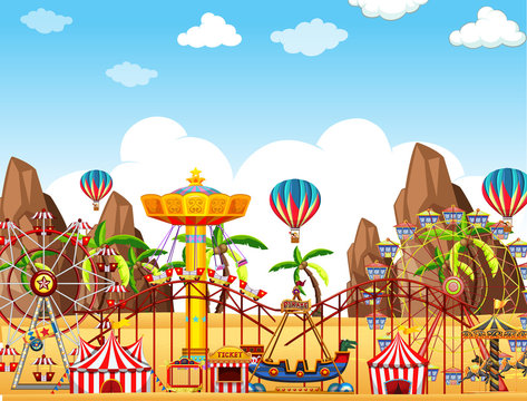 Themepark scene with many rides on the desert ground