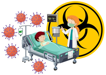 Poster design for coronavirus theme with boy in hospital bed