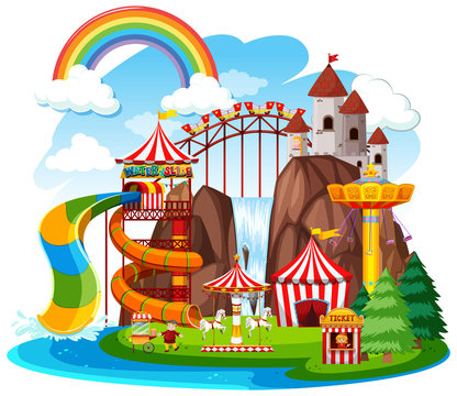 amusement park scene with rainbow and water slide clip art preview