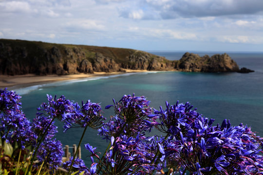 Porthcurno (England), UK - August 16, 2015: Porth Chapel beach, Porthcurno, Cornwall, England, United Kingdom.