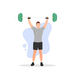 Standing muscular man lifting weights. Male bodybuilder icon. Body building sign or symbol. Gym activity. Fitness concept. Workout equipment. Biceps muscle - Simple flat vector character illustration.