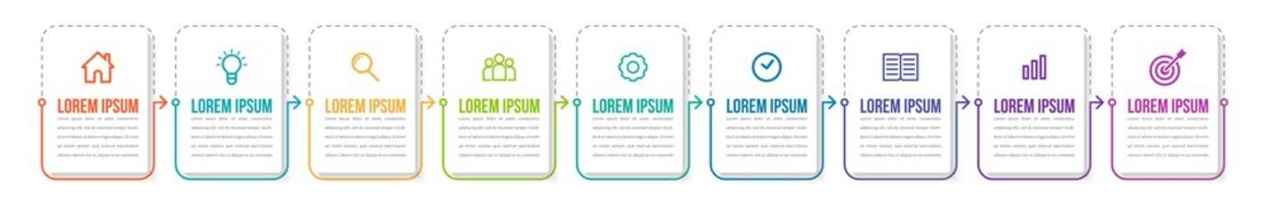 Minimal Business Infographics template. Timeline with 9 steps, options and marketing icons .Vector linear infographic with nine conected elements. Can be use for presentation.