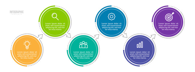 Minimal Business Infographics template. Timeline with 6 steps, options and marketing icons .Vector linear infographic with six conected elements. Can be use for presentation.