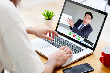 Video conference, Work from home, Businessman making video call to employee with virtual web, Contacting manager by conference on laptop computer at home, Talking on web, Online consultation business