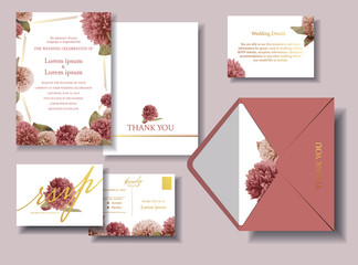 Wedding invite, invitation, save the date card with vector floral bouquet frame design: garden red, burgundy Rose flower, white peony, pink Vector/Illustration