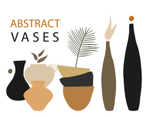 Abstract trendy vases with leaves. 