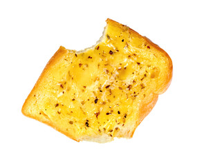 Bitten Garlic Bread with Cheese isolated on white background