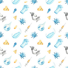 Watercolor seamless pattern with a microscope, gloves, mask, bacteria, viruses, coronovirus on a white background.