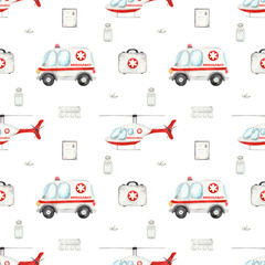 Watercolor seamless pattern with ambulance and ambulance helicopter on a white background © MarinaErmakova