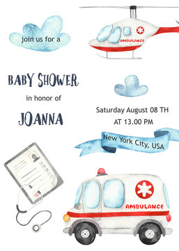 Watercolor baby shower card with ambulance, ambulance helicopter, stethoscope