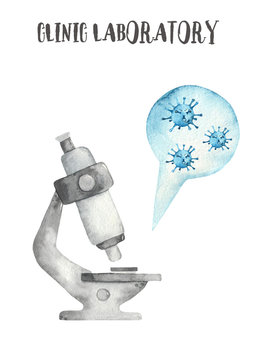 Watercolor card with a microscope and viruses.