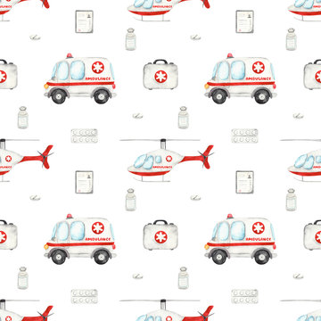 Watercolor seamless pattern with ambulance and ambulance helicopter on a white background