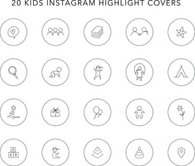 20 Kids One Line Instagram Story Highlight Covers. Baby Abstract Instagram Story Highlight Icons.
