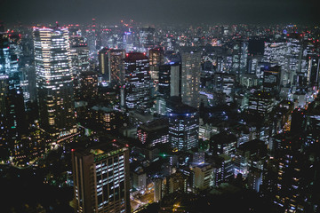 Fototapeta na wymiar Panoramic view of Tokyo skyline, traffic and light by night from Tokyo Tower Observation Deck, Japan