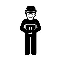 silhouette of delivery worker using face mask with box carton vector illustration design