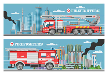 Fire truck rescue engine transportation, firefighter emergency cars in cityspace buldings banners set vector illustrations. Firetrucks transport with ladder, alarm siren, 911 service.