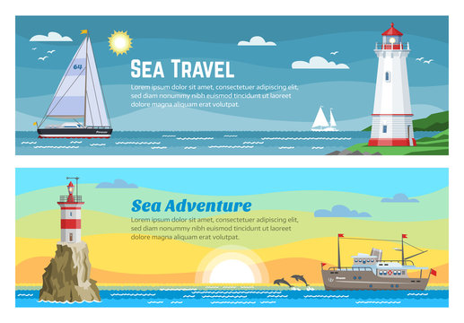 Lighthouse sea travel banners set vector illustration of blue ocean, island landscape. Sea, seagull, sky and lighthouse, navigation beacon building in ocean waters. Tourism and travel marine banner.