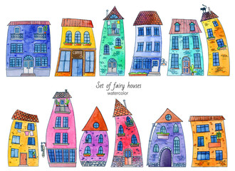 A set of bright watercolor houses for printing and other design elements.