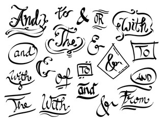 Hand drawn catchwords and ampersands  design elements set. doodle vector illustration