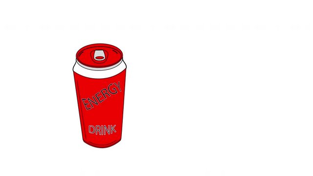 Energy drink concept. Red can with energy drink trembling and bouncing. Copy space. Sketch animation. White background.