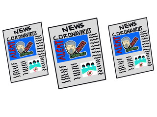 Illustration of newspapers with headlines about coronavirus. White background