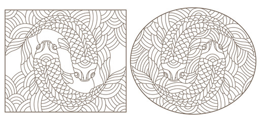 Set contour illustrations of stained glass with abstract fishes , black contour on white background