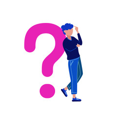 Cartoon thinking man with question mark in think bubble vector illustration. Man and question in bubble think