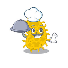 Bacteria spirilla chef cartoon character serving food on tray