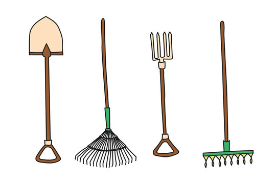 Garden shovel, pitchfork and rake. Hand drawn simple vector icon.